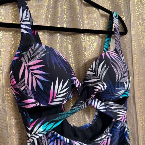 Swimsuits For All Black Pink Blue Tropical Leaf Print One Piece Monokini Size 14 - Picture 3 of 8
